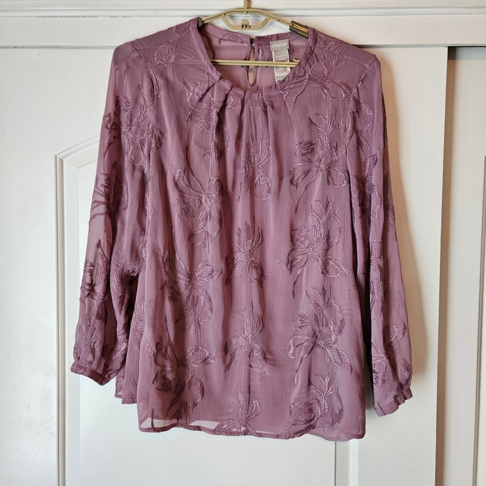 Chicos Blouse Top Shirt 4 Purple Embroidered Sheer Office Career Wedding‎ Guest